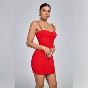 KeiKei Red Crepe Bustier Sleeveless Chain Strap Mini Dress